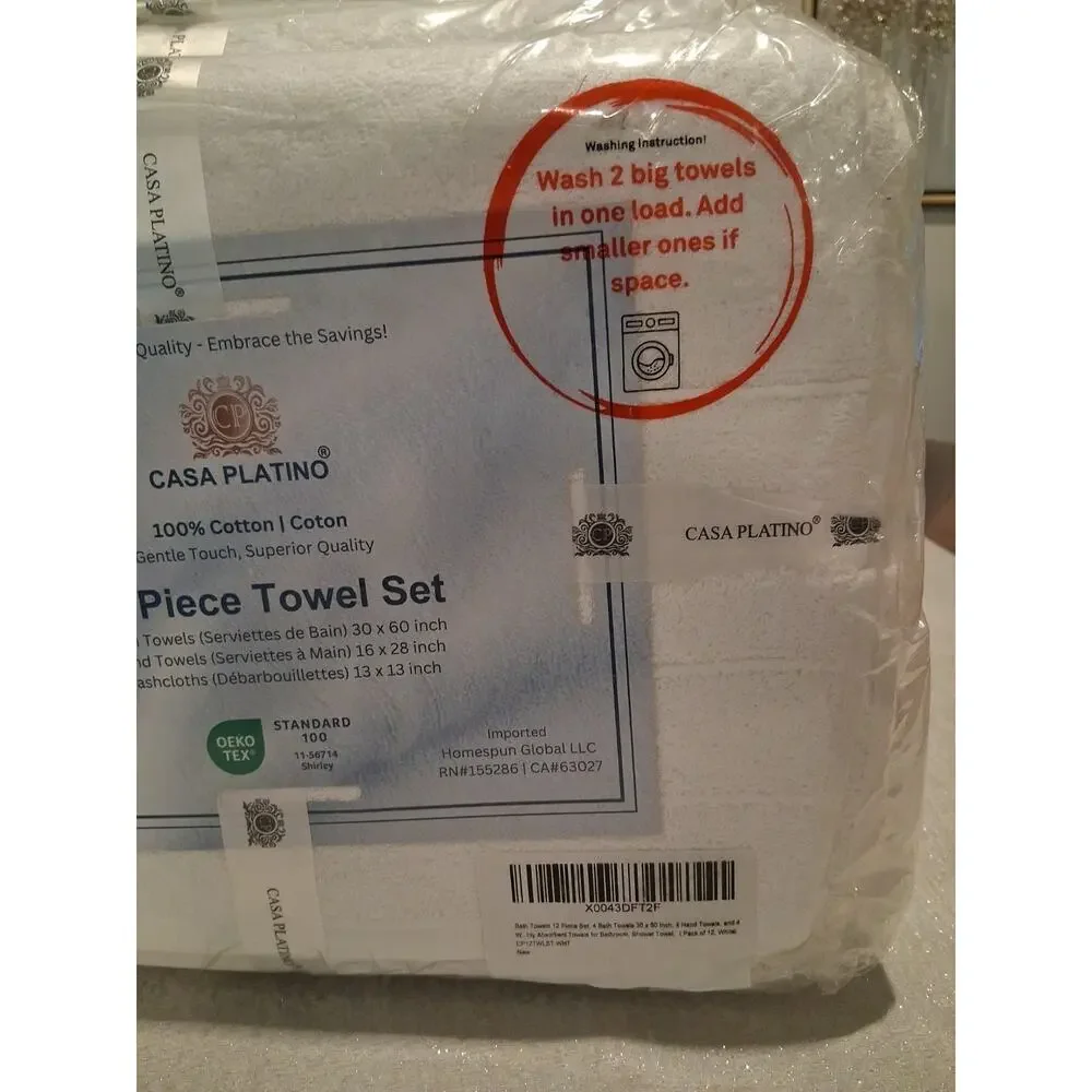 Casa Platino 12 Piece Towel Set 100% Cotton Premium Bathroom Towels White NEW